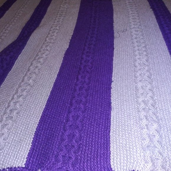 Granny Hand Knitted Afghan Purple and Grey Striped Crochet Winter Afghan Blanket - Picture 2 of 9